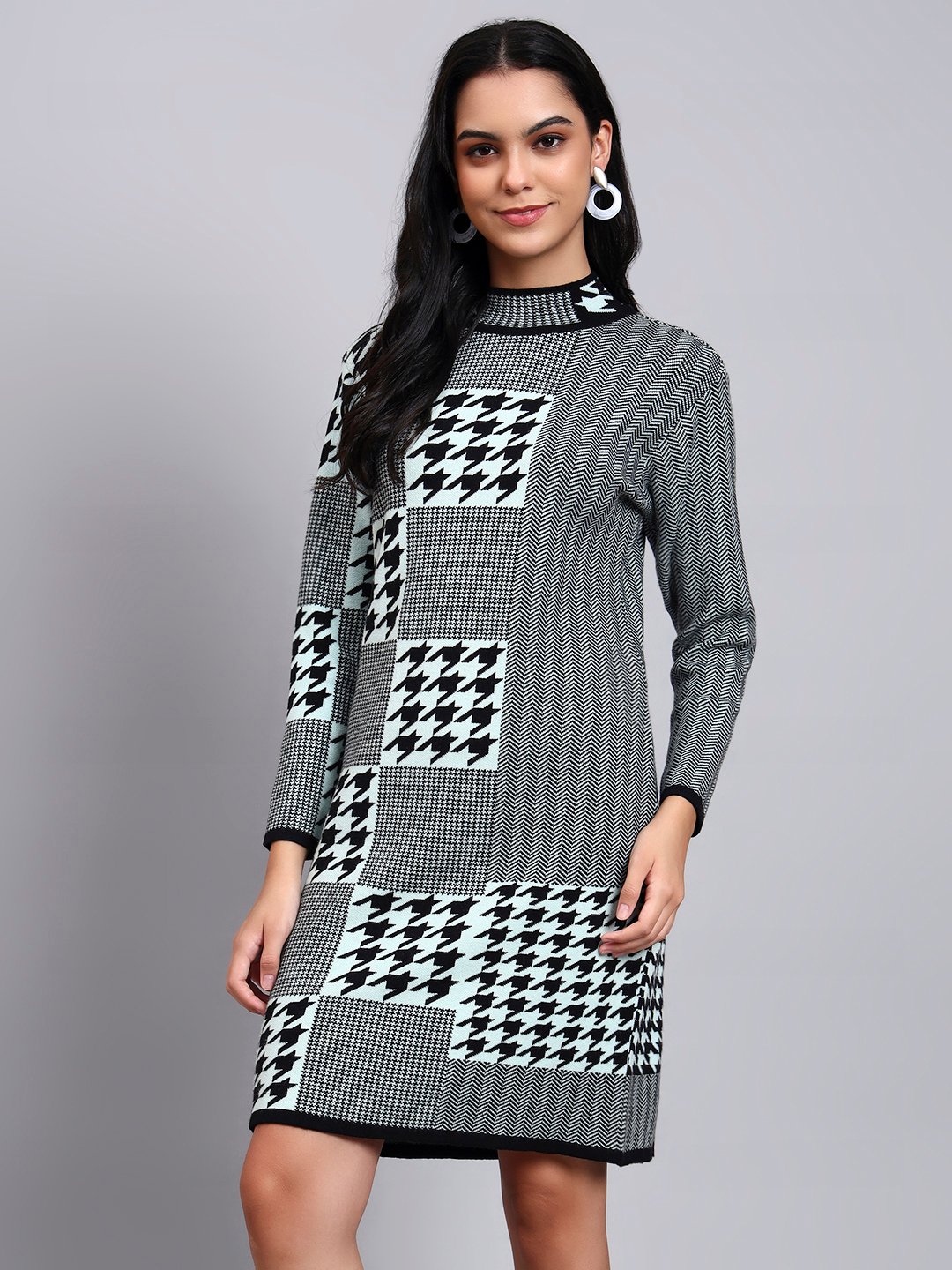Women's Dusty Sky Blue & Black Patterned Knit Winter Dress
