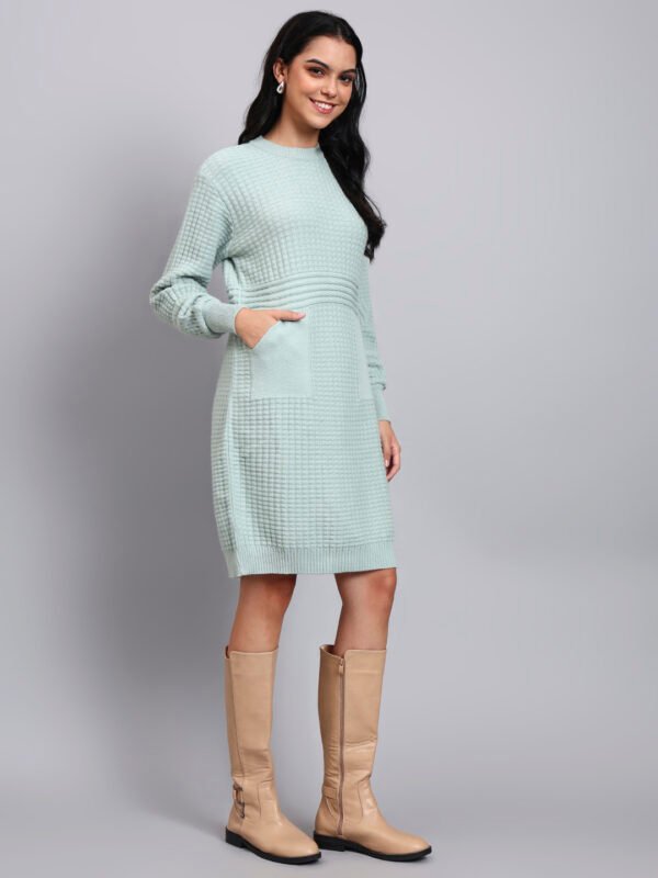 Women's Pistachio Green Textured Knit Midi Winter Dress with Pocket