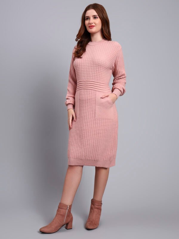 Women's Peach Textured Knit Midi Winter Dress with Pocket