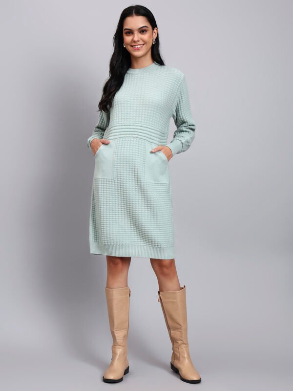 Women's Pistachio Green Textured Knit Midi Winter Dress with Pocket