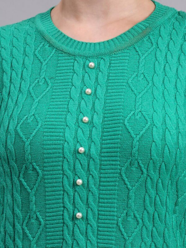 Pearl Button Cable Knit Fit & Flare Acrylic Wool Jumper Dress for Women – Green