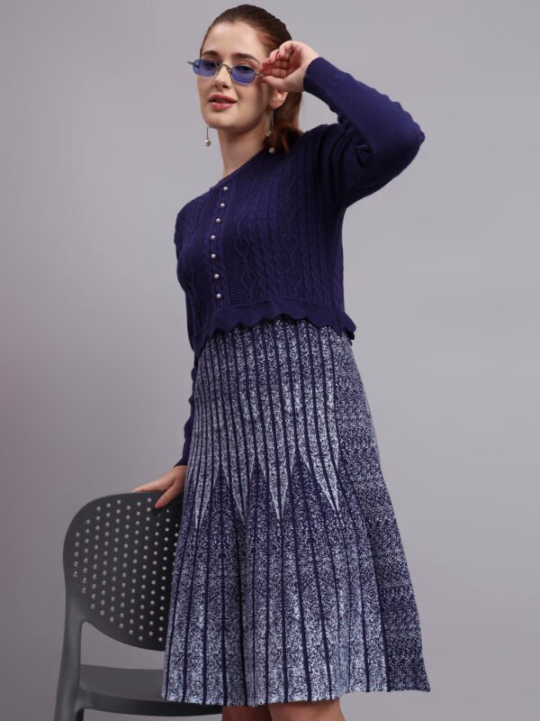 Women’s navy blue cable knit acrylic wool fit & flare jumper dress with pearl buttons and pleated skirt Women’s navy blue cable knit acrylic wool fit & flare jumper dress with pearl buttons and pleated skirt