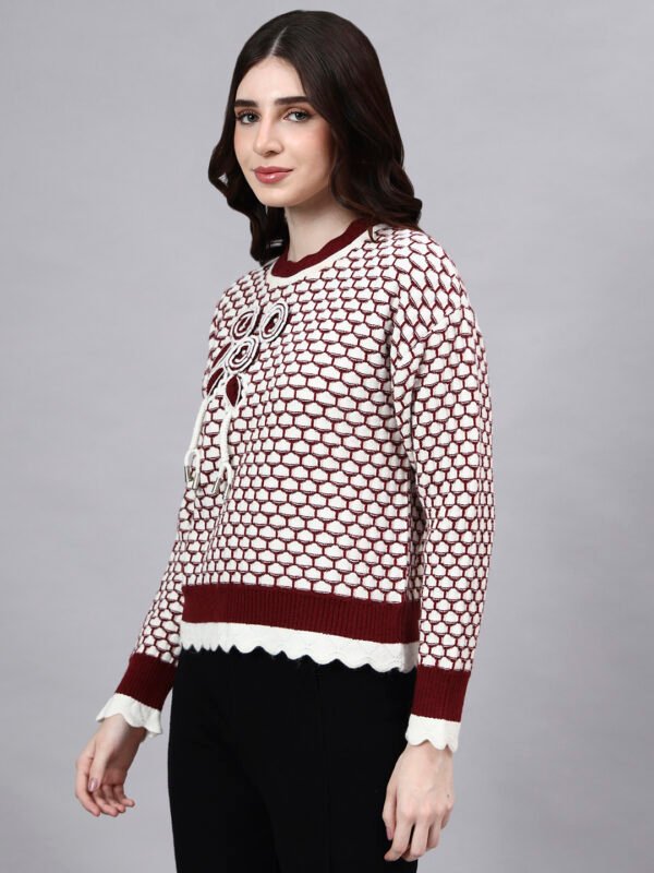 S20_MAROON_01_3 Round Neck Blocked Design With Premium Acrylic Wool Women Knitted Top & Sweater