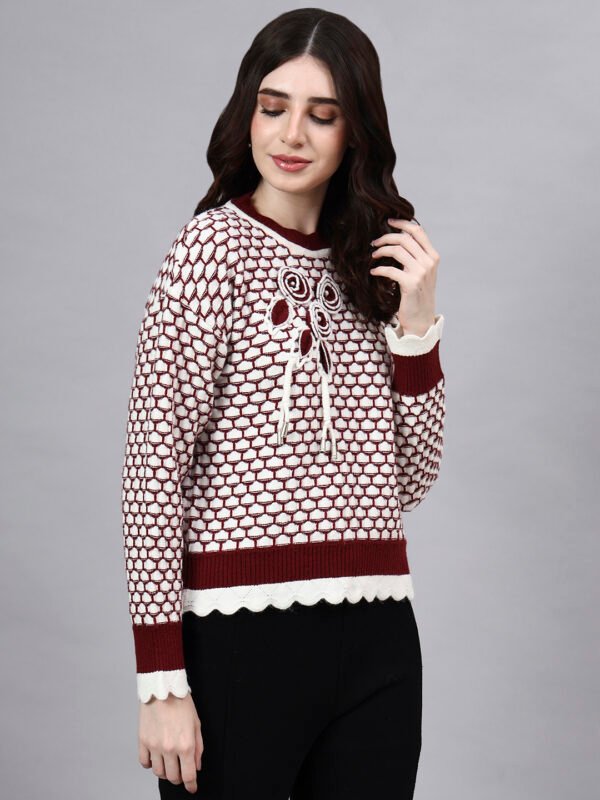 S20_MAROON_01_4 Round Neck Blocked Design With Premium Acrylic Wool Women Knitted Top & Sweater
