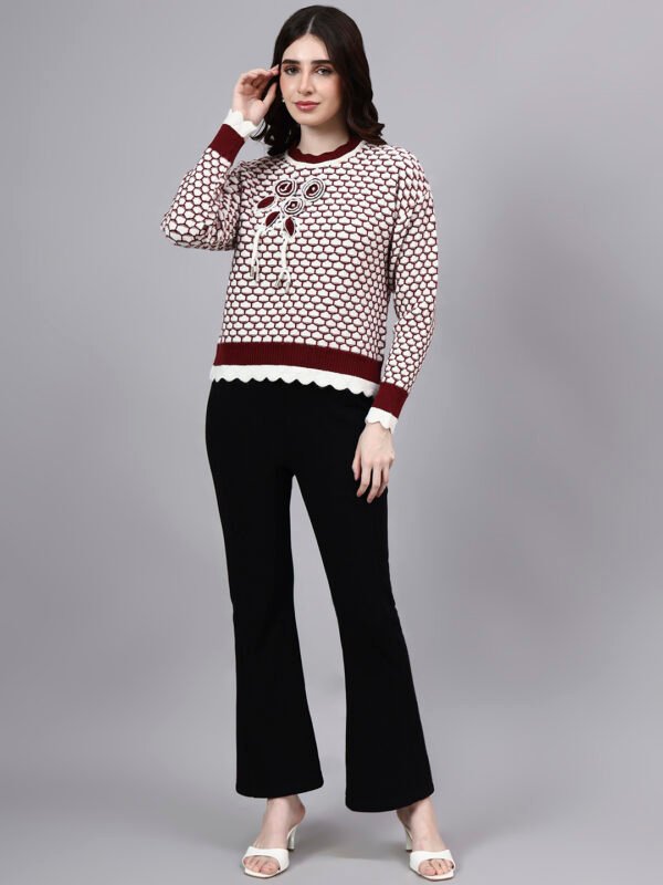 S20_MAROON_01_6 Round Neck Blocked Design With Premium Acrylic Wool Women Knitted Top & Sweater