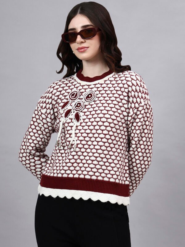 S20_MAROON_01_7 Round Neck Blocked Design With Premium Acrylic Wool Women Knitted Top & Sweater