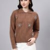 Spread Collar Patch Work Cable Knitted Design With Premium Acrylic Wool Women Knitted Top & Sweater