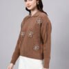 Spread Collar Patch Work Cable Knitted Design With Premium Acrylic Wool Women Knitted Top & Sweater