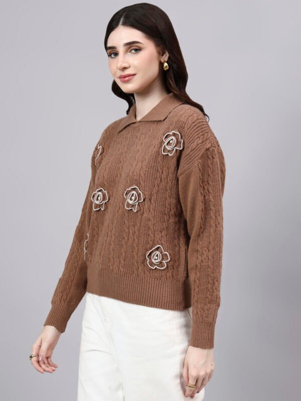 Spread Collar Patch Work Cable Knitted Design With Premium Acrylic Wool Women Knitted Top & Sweater