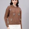 Spread Collar Patch Work Cable Knitted Design With Premium Acrylic Wool Women Knitted Top & Sweater