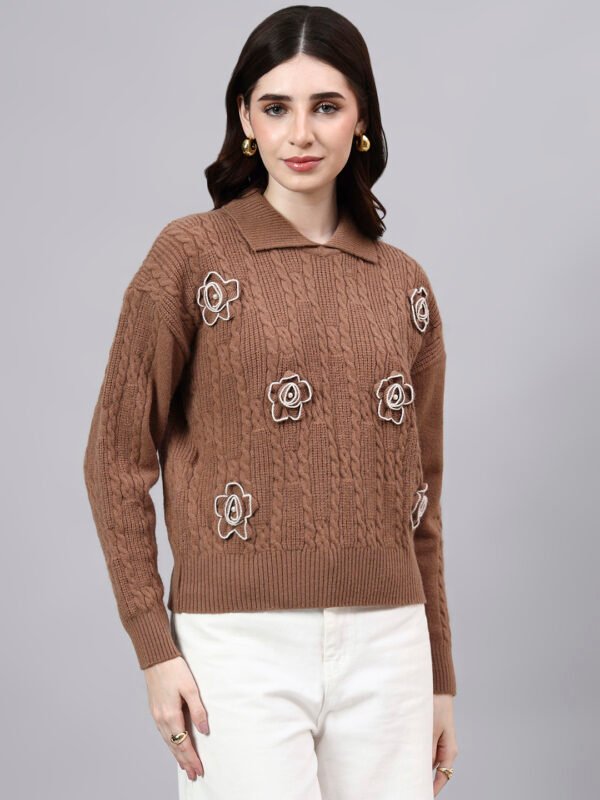 Spread Collar Patch Work Cable Knitted Design With Premium Acrylic Wool Women Knitted Top & Sweater