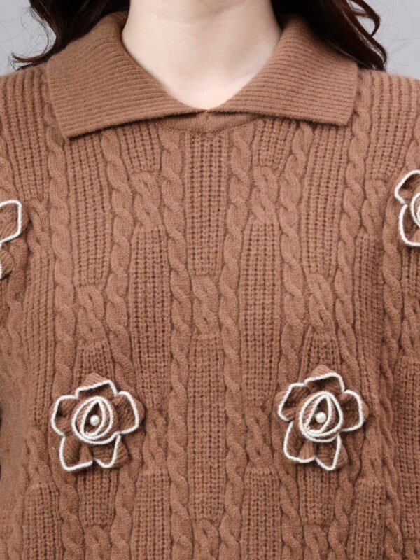 Spread Collar Patch Work Cable Knitted Design With Premium Acrylic Wool Women Knitted Top & Sweater