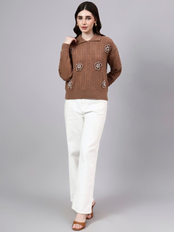 Spread Collar Patch Work Cable Knitted Design With Premium Acrylic Wool Women Knitted Top & Sweater