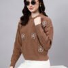 Spread Collar Patch Work Cable Knitted Design With Premium Acrylic Wool Women Knitted Top & Sweater