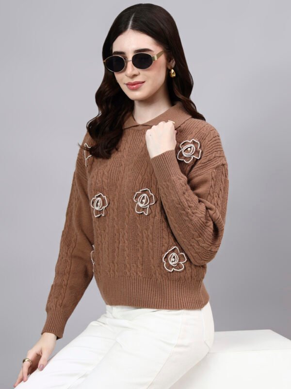 Spread Collar Patch Work Cable Knitted Design With Premium Acrylic Wool Women Knitted Top & Sweater
