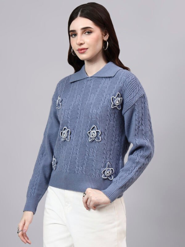 Spread Collar Patch Work Cable Knitted Design With Premium Acrylic Wool Women Knitted Top & Sweater