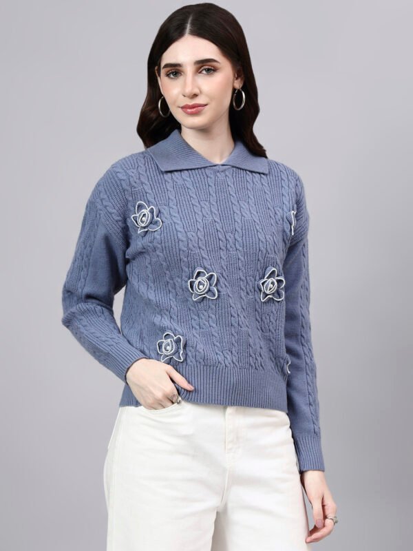 Spread Collar Patch Work Cable Knitted Design With Premium Acrylic Wool Women Knitted Top & Sweater
