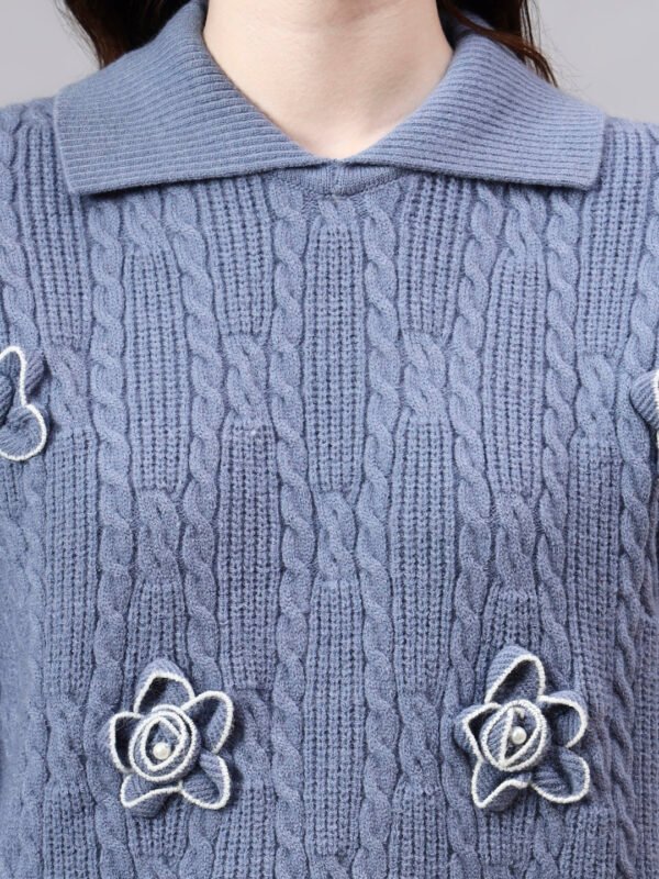 Spread Collar Patch Work Cable Knitted Design With Premium Acrylic Wool Women Knitted Top & Sweater