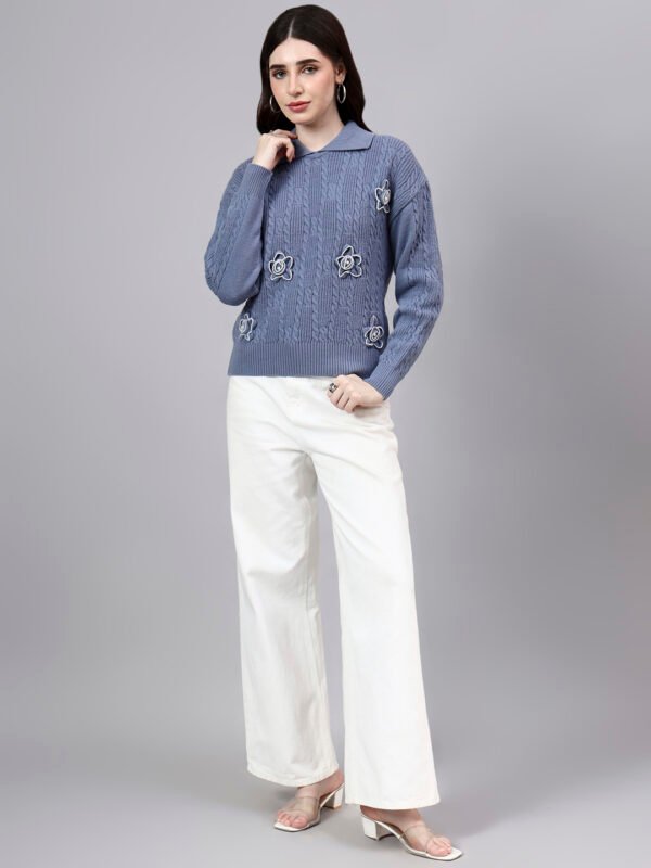 Spread Collar Patch Work Cable Knitted Design With Premium Acrylic Wool Women Knitted Top & Sweater