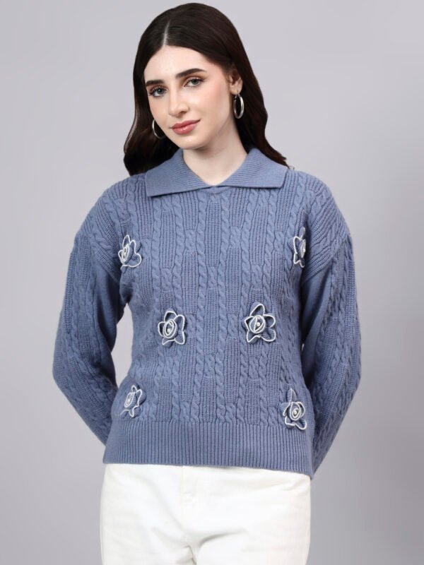 Spread Collar Patch Work Cable Knitted Design With Premium Acrylic Wool Women Knitted Top & Sweater