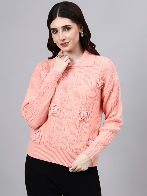 Spread Collar Patch Work Cable Knitted Design With Premium Acrylic Wool Women Knitted Top & Sweater