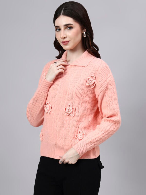 Spread Collar Patch Work Cable Knitted Design With Premium Acrylic Wool Women Knitted Top & Sweater
