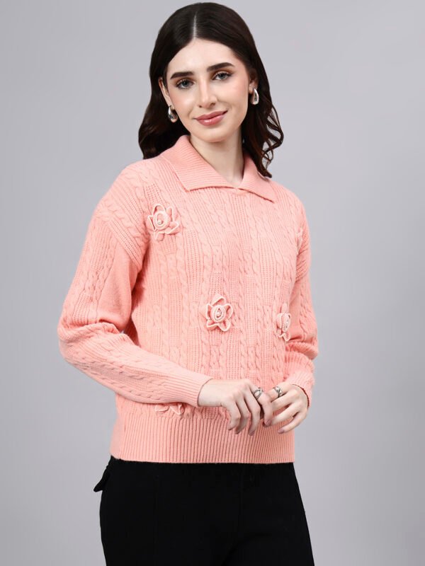 Spread Collar Patch Work Cable Knitted Design With Premium Acrylic Wool Women Knitted Top & Sweater