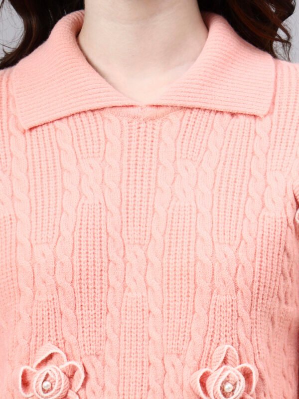Spread Collar Patch Work Cable Knitted Design With Premium Acrylic Wool Women Knitted Top & Sweater