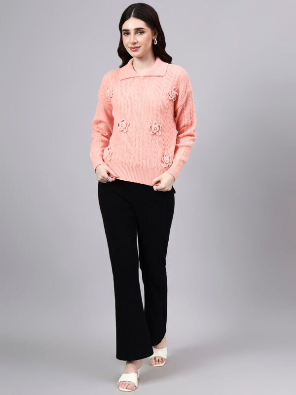 Spread Collar Patch Work Cable Knitted Design With Premium Acrylic Wool Women Knitted Top & Sweater