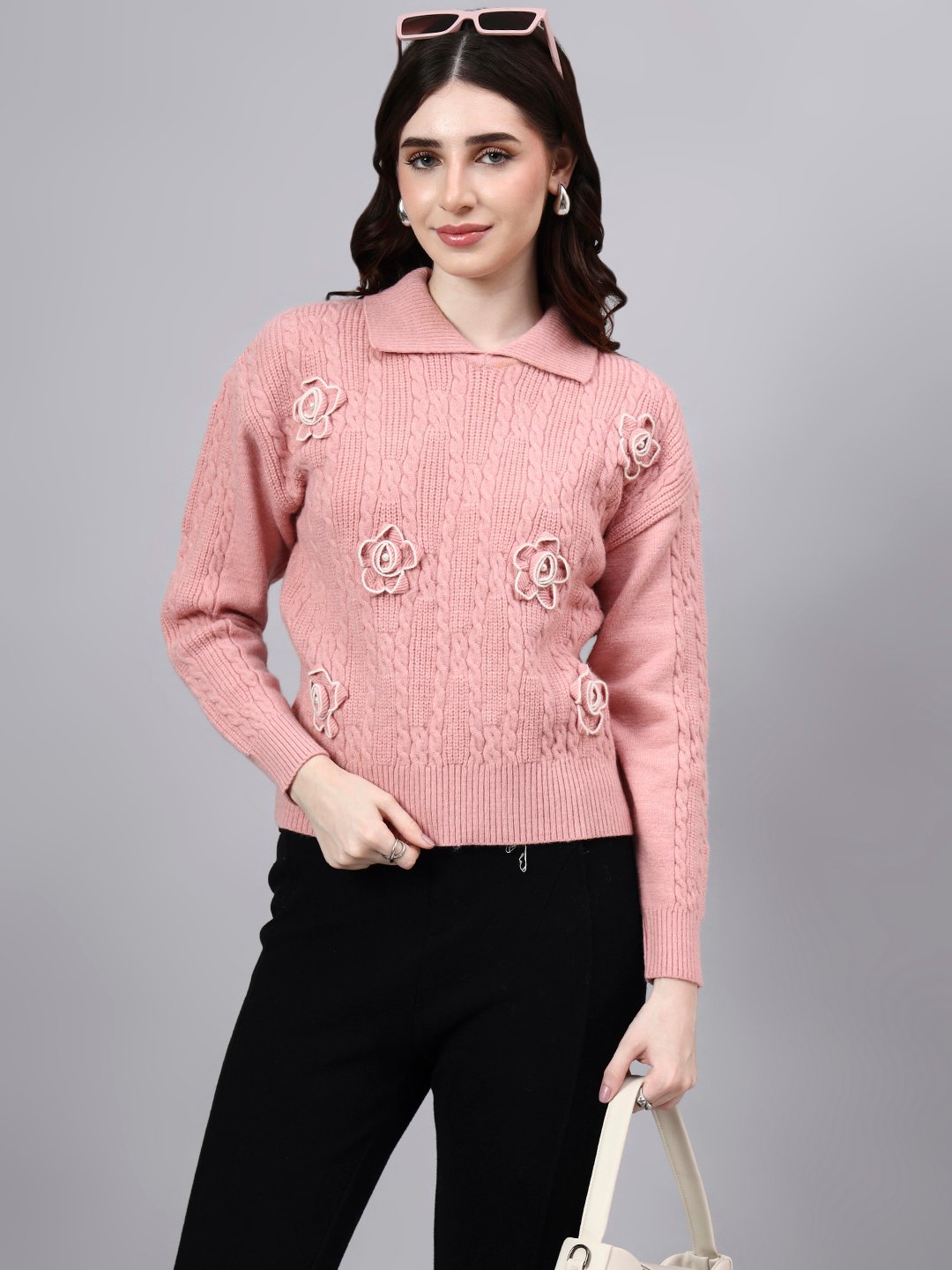 Spread Collar Patch Work Cable Knitted Design With Premium Acrylic Wool Women Knitted Top & Sweater