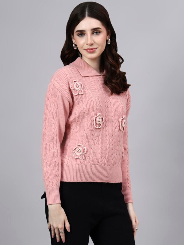 Spread Collar Patch Work Cable Knitted Design With Premium Acrylic Wool Women Knitted Top & Sweater