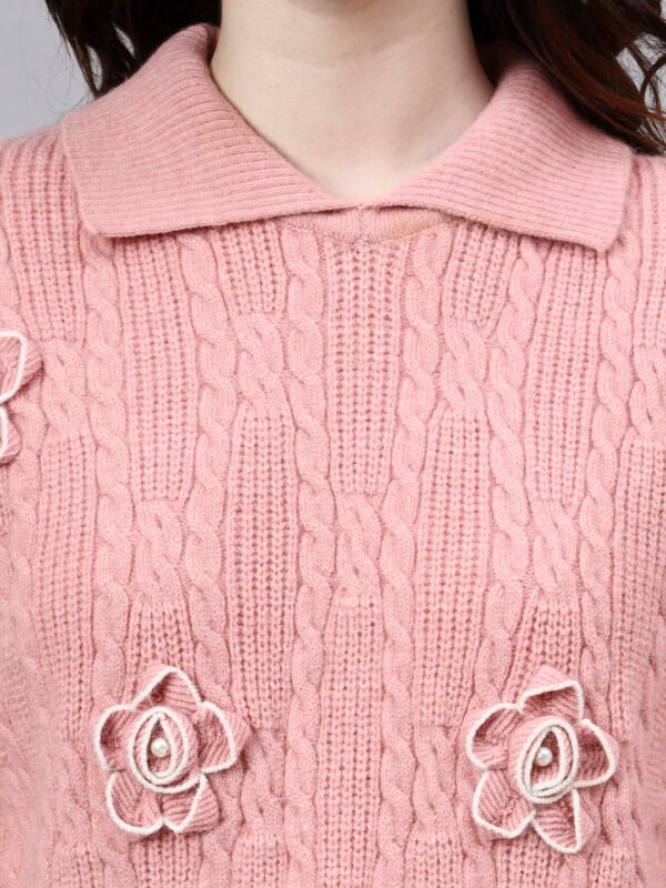 Spread Collar Patch Work Cable Knitted Design With Premium Acrylic Wool Women Knitted Top & Sweater