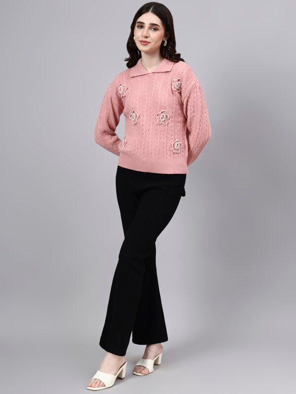 Spread Collar Patch Work Cable Knitted Design With Premium Acrylic Wool Women Knitted Top & Sweater