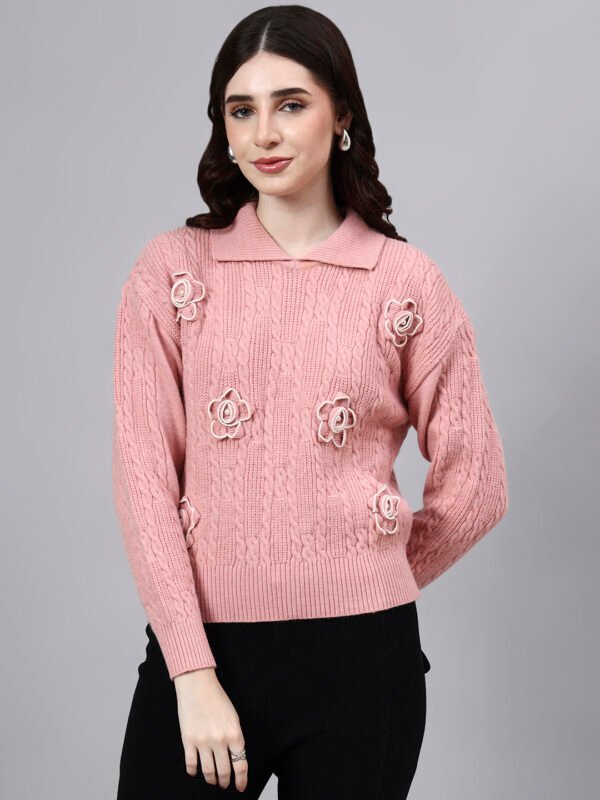 Spread Collar Patch Work Cable Knitted Design With Premium Acrylic Wool Women Knitted Top & Sweater