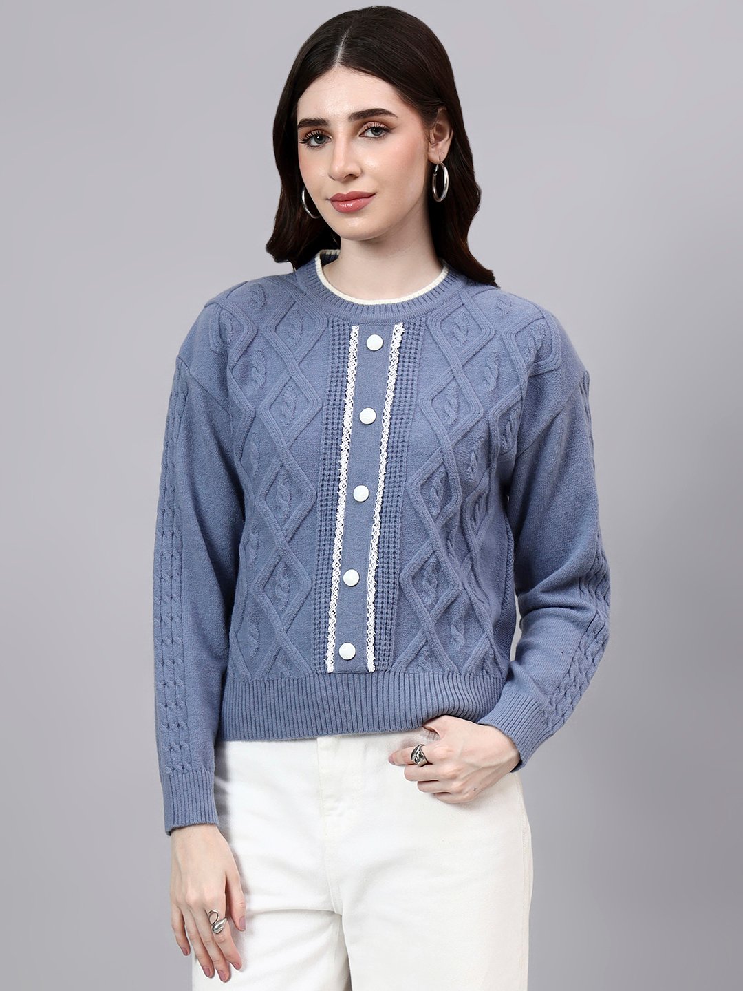 S22_DARKGREY_01_1 Round Neck Geomatric Design With Premium Acrylic Wool Women Knitted Top & Sweater