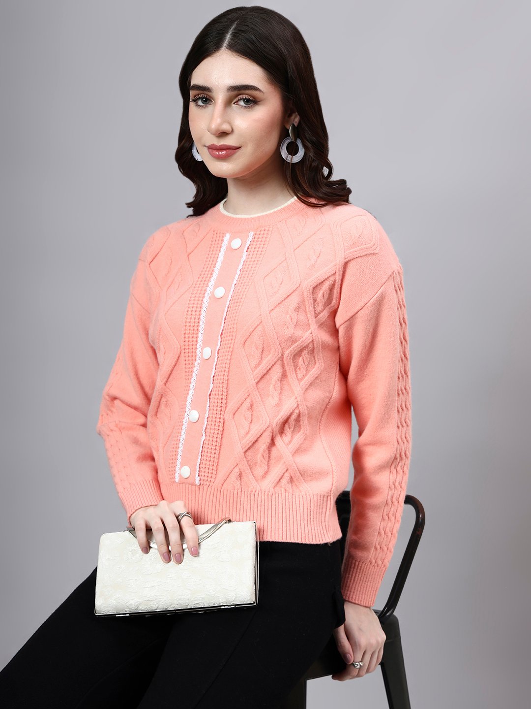 Round Neck Geomatric Design With Premium Acrylic Wool Women Knitted Top & Sweater