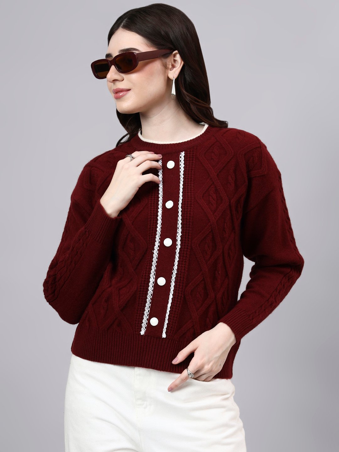 Round Neck Geomatric Design With Premium Acrylic Wool Women Knitted Top & Sweater