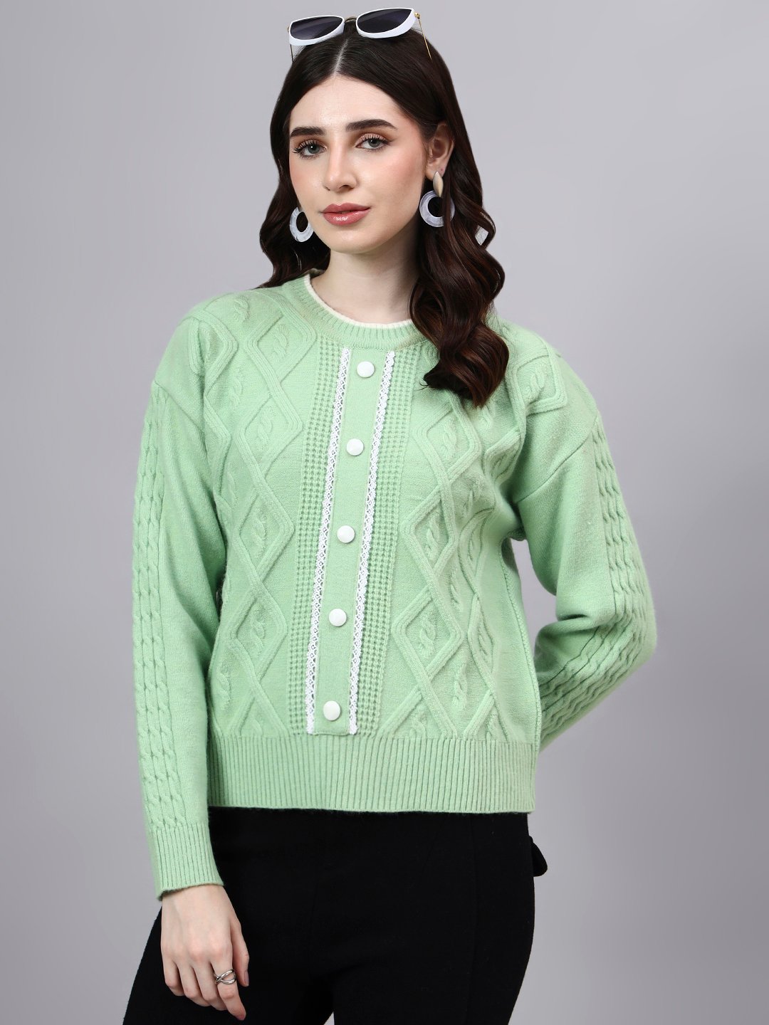 Round Neck Geomatric Design With Premium Acrylic Wool Women Knitted Top & Sweater