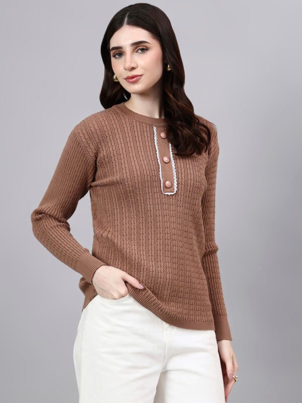 Round Neck Geomatric Design With Premium Acrylic Wool Women Knitted Top & Sweater