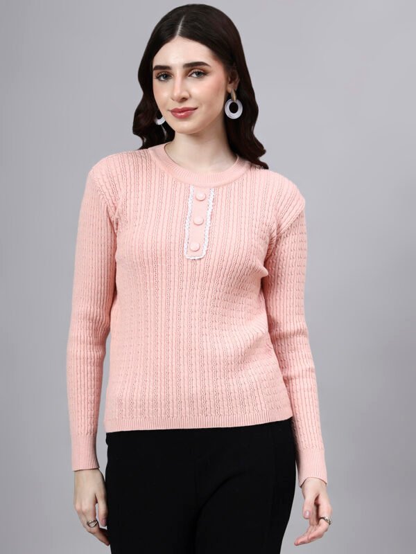 S23_LIGHTPINK_01_7 Round Neck Geomatric Design With Premium Acrylic Wool Women Knitted Top & Sweater