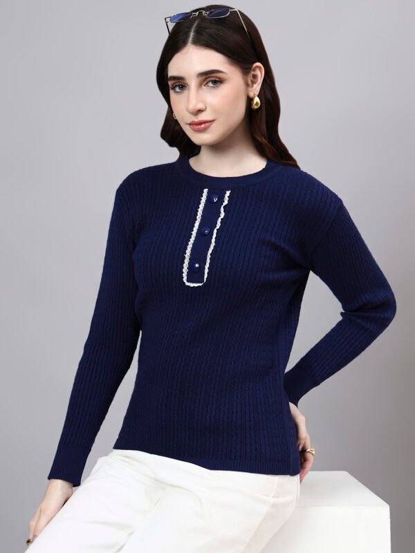 S23_NAVY_01_4 Round Neck Cable Knitted Design With Premium Acrylic Wool Women Knitted Top & Sweater
