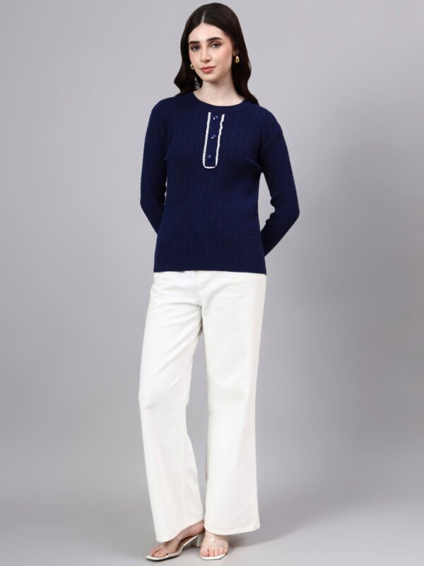 S23_NAVY_01_6 Round Neck Cable Knitted Design With Premium Acrylic Wool Women Knitted Top & Sweater
