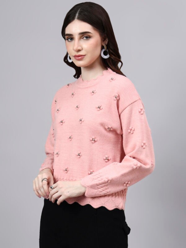 S24_LIGHTPINK_01_3 Round Neck Flowered Patch Work Design With Premium Acrylic Wool Women Knitted Top & Sweater