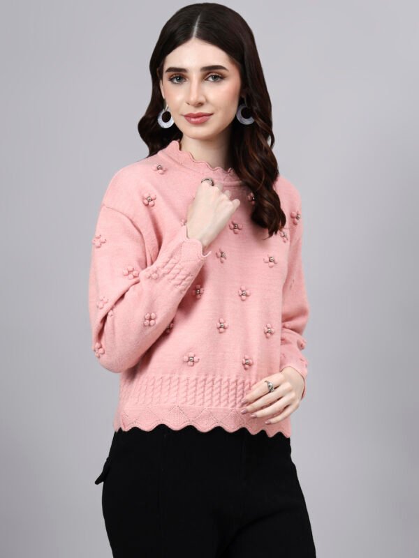 S24_LIGHTPINK_01_4 Round Neck Flowered Patch Work Design With Premium Acrylic Wool Women Knitted Top & Sweater