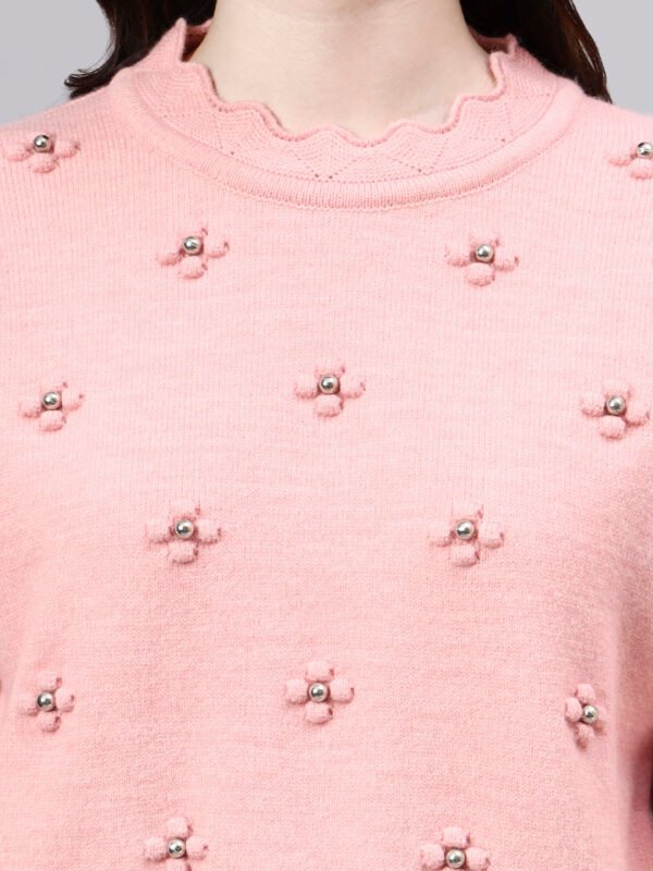 S24_LIGHTPINK_01_5 Round Neck Flowered Patch Work Design With Premium Acrylic Wool Women Knitted Top & Sweater