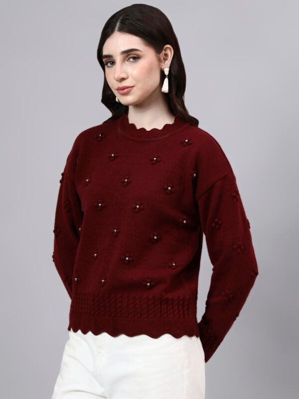Round Neck Flowered Patch Work Design With Premium Acrylic Wool Women Knitted Top & Sweater