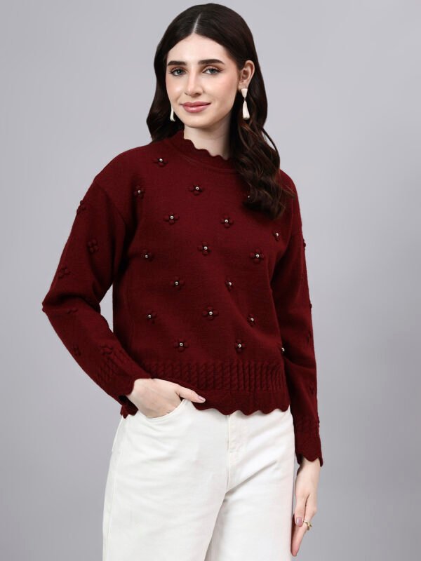 Round Neck Flowered Patch Work Design With Premium Acrylic Wool Women Knitted Top & Sweater