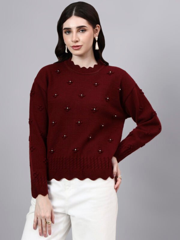 Round Neck Flowered Patch Work Design With Premium Acrylic Wool Women Knitted Top & Sweater