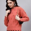 S24_PEACH_01_1 Round Neck Flowered Patch Work Design With Premium Acrylic Wool Women Knitted Top & Sweater