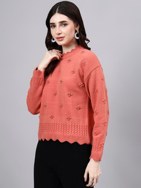 S24_PEACH_01_3 Round Neck Flowered Patch Work Design With Premium Acrylic Wool Women Knitted Top & Sweater